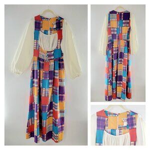 Vintage Periphery Faux Patchwork Peasant Maxi Dress Boho Women's Vintage Size 14
